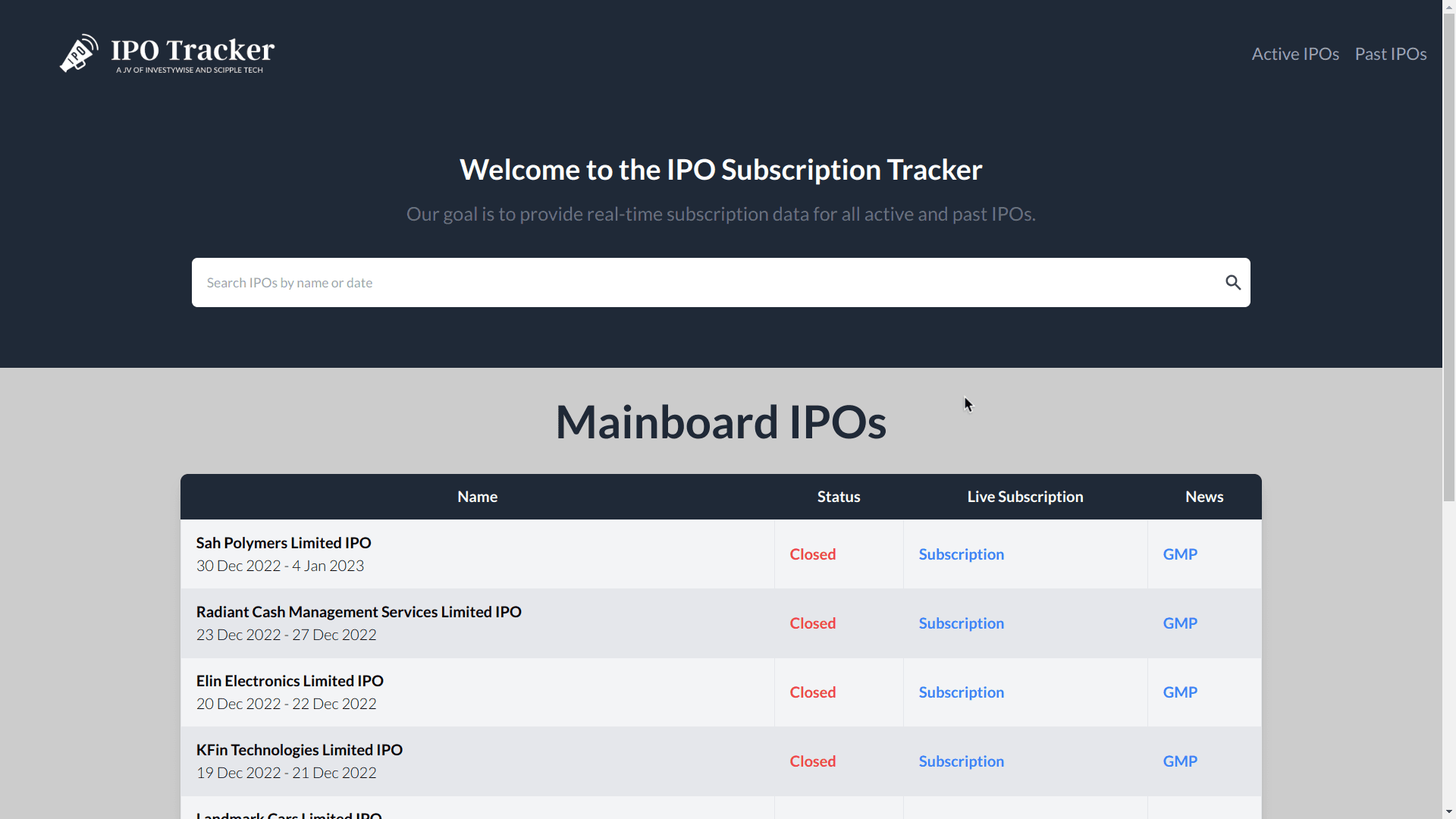 IPO Tracker demo image