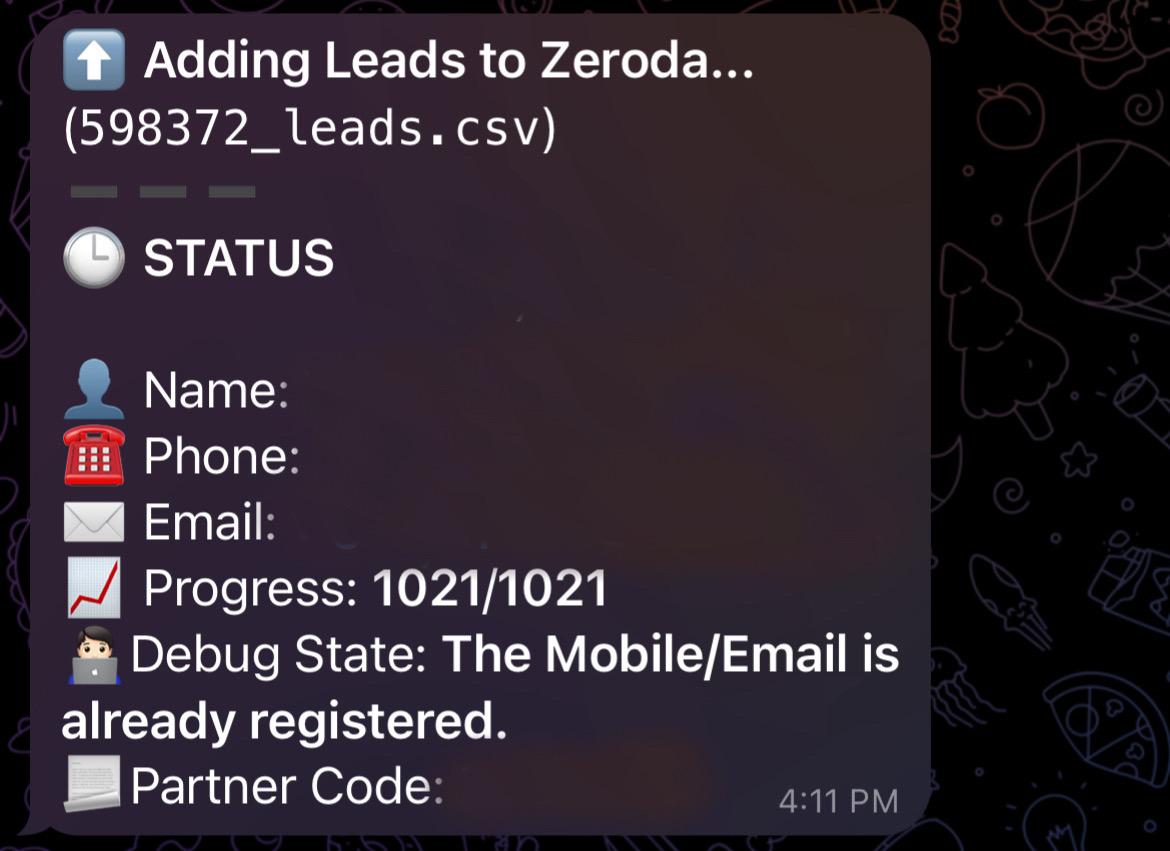 Zerodha bot sample image with user details hidden